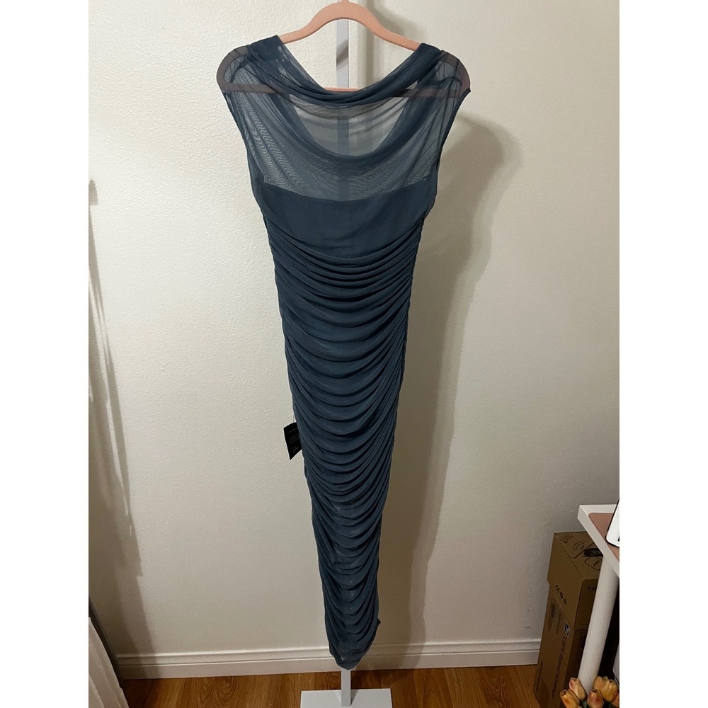 NWT Lulus Sunama Slate Blue Mesh Ruched Bodycon Midi Dress Small - Picture 10 of 11